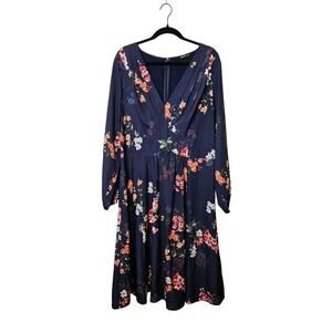 eShakti 1X/16W Embroidered Midi Dress Floral Navy Blue 3/4 Sleeve V-neck Pockets